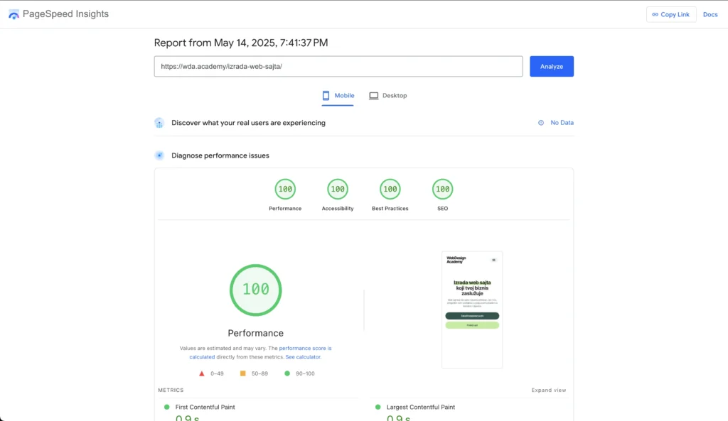 Good page score on PageSpeed Insights
